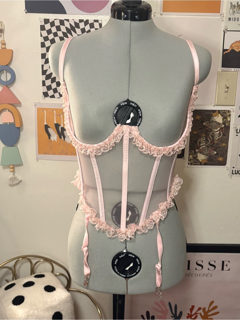 Pink Sheer Lace Corset Bustier Garter Top XS Coquette